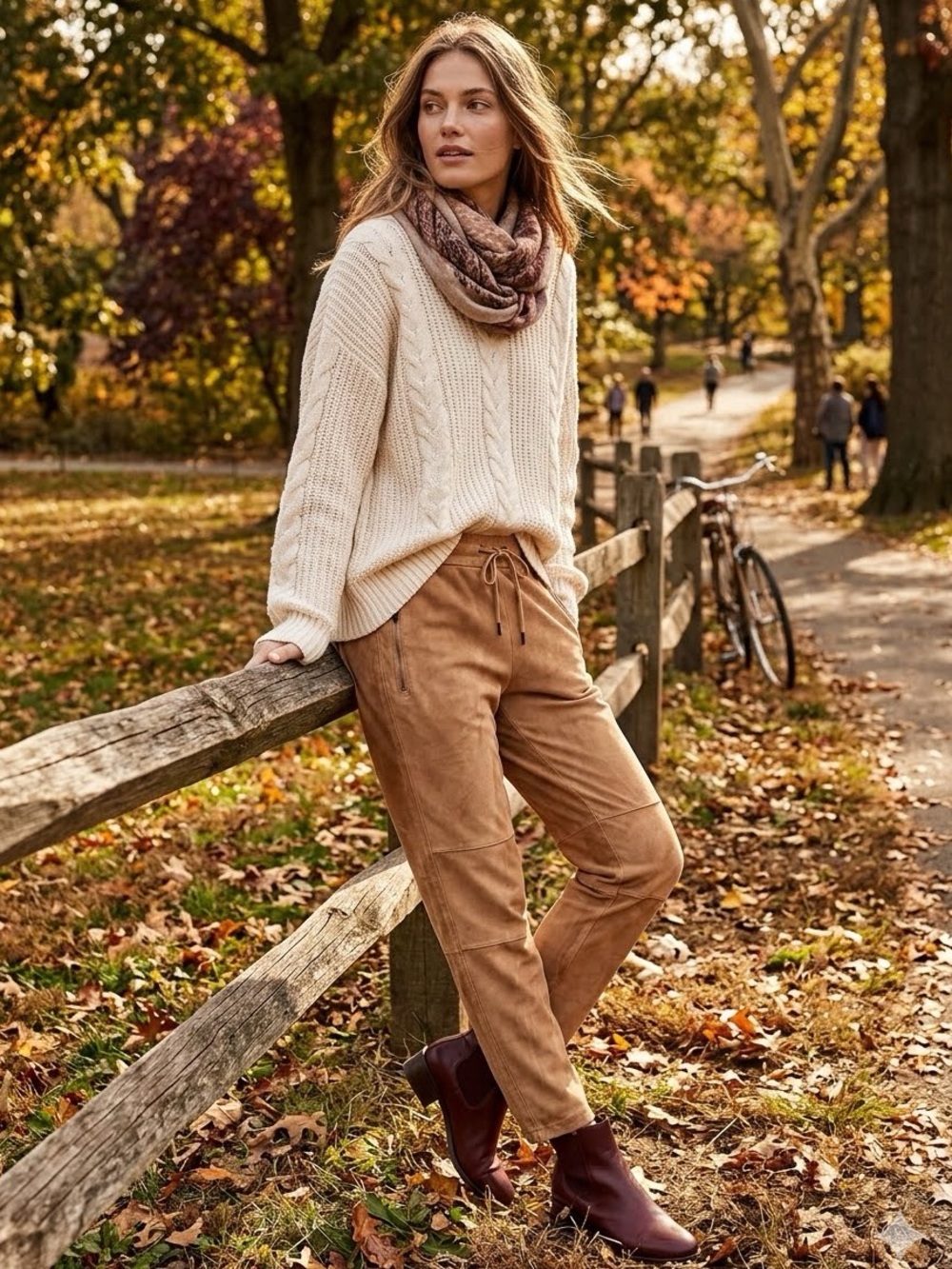 Women's Suede-Look Drawstring Ankle Pants in Tan Sz S